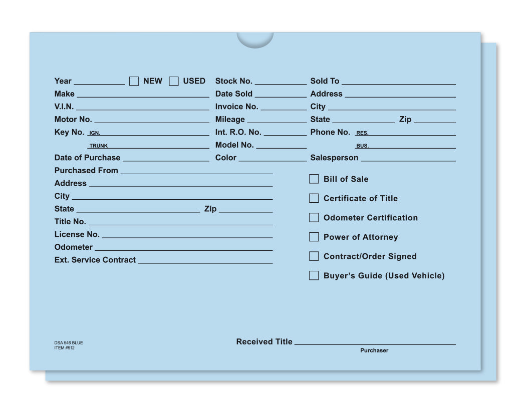 Blue vehicle deal jacket with preprinted vehicle, buyer and title document fields, DSA-546