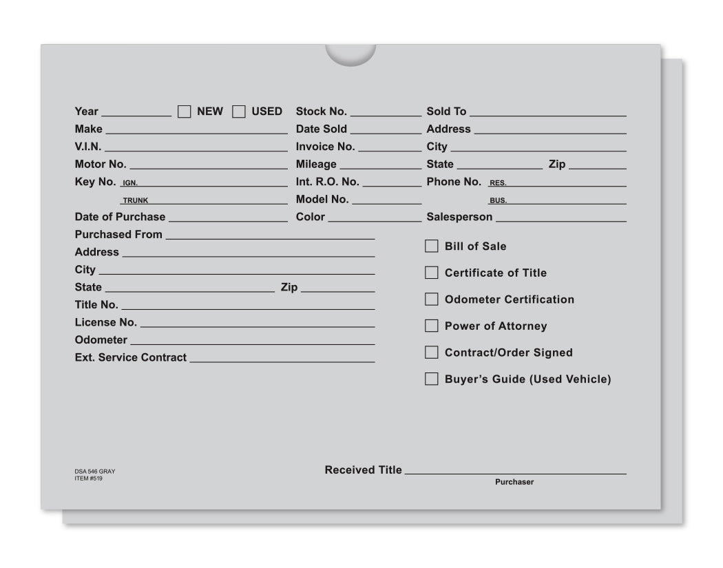Gray vehicle deal jacket with preprinted vehicle, buyer and title document fields, DSA-546