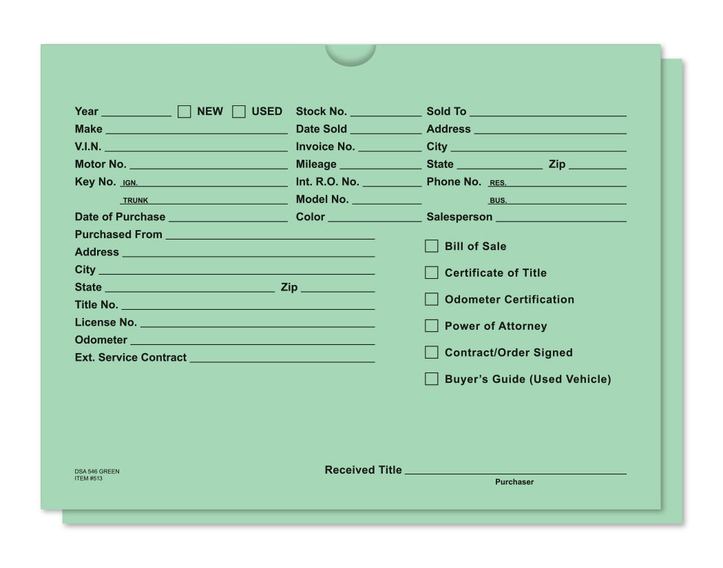 Green vehicle deal jacket with preprinted vehicle, buyer and title document fields, DSA-546