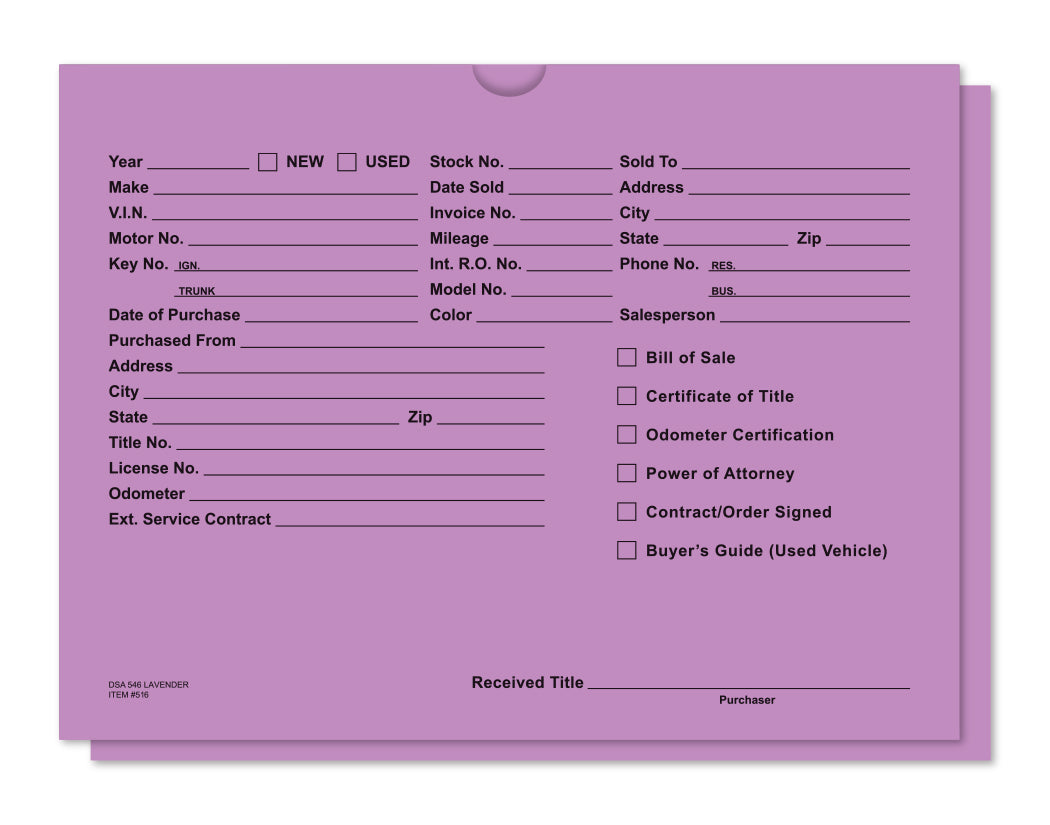 Lavender vehicle deal jacket with preprinted vehicle, buyer and title document fields, DSA-546