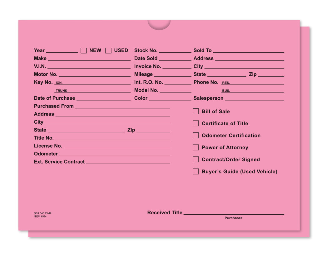 Pink vehicle deal jacket with preprinted vehicle, buyer and title document fields, DSA-546