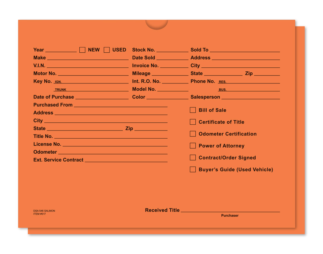 Salmon vehicle deal jacket with preprinted vehicle, buyer and title document fields, DSA-546