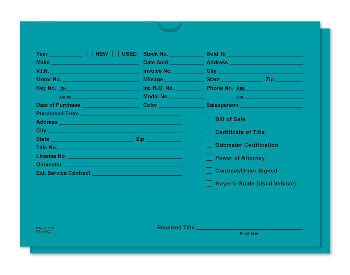 Teal vehicle deal jacket with preprinted vehicle, buyer and title document fields, DSA-546