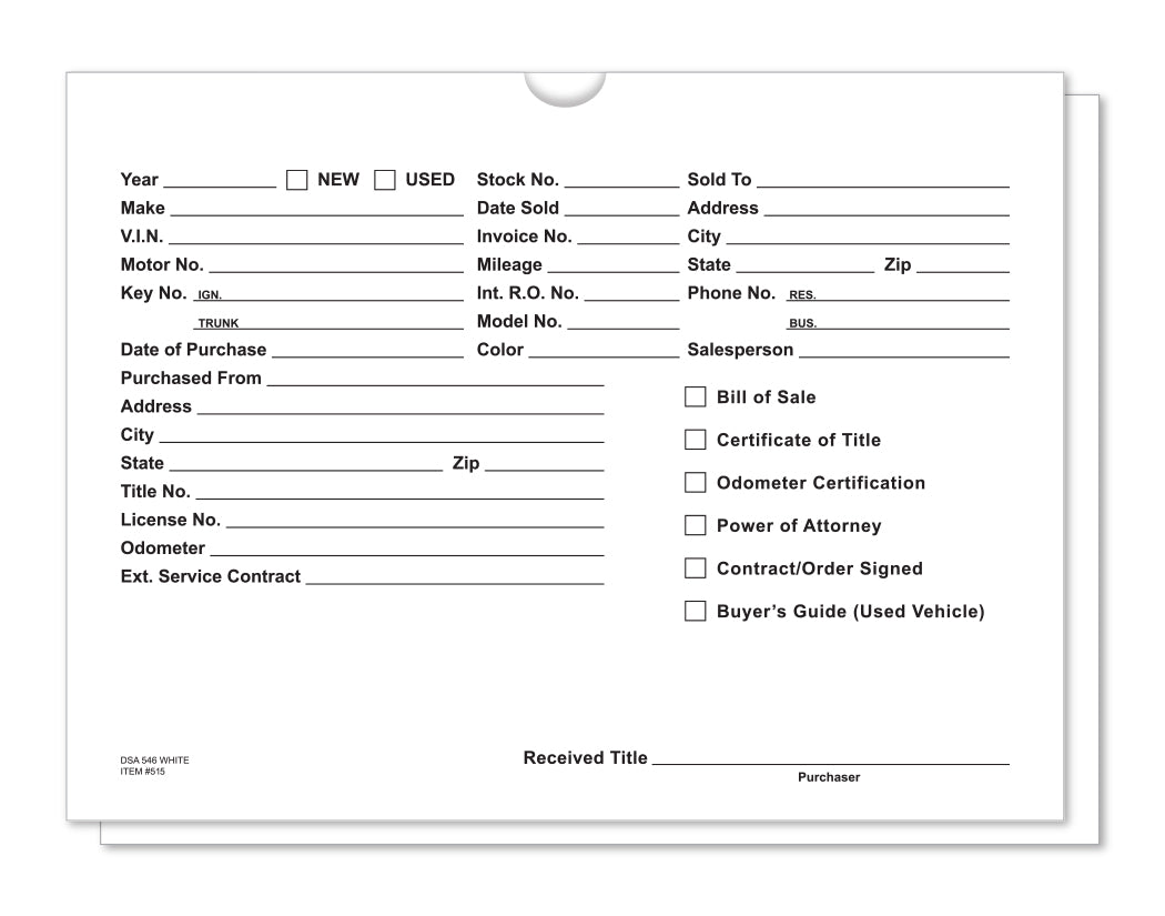 White vehicle deal jacket with preprinted vehicle, buyer and title document fields, DSA-546