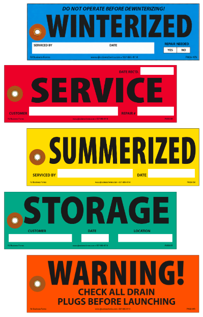 Pre-wired weatherproof tags including winterized, service, summerized, storage, and warning.